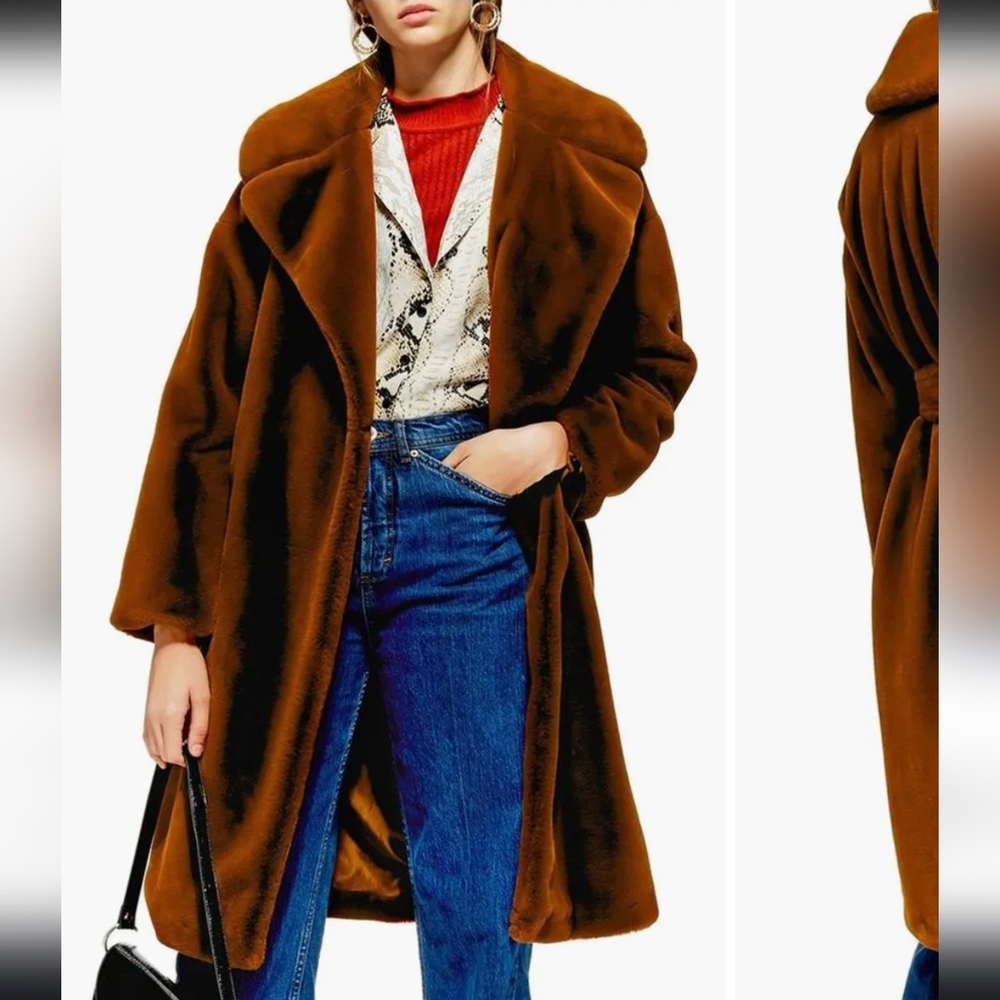 Topshop Bella Velvet Faux Fur Coat Size US 4 Super Soft Rich Auburn Brown